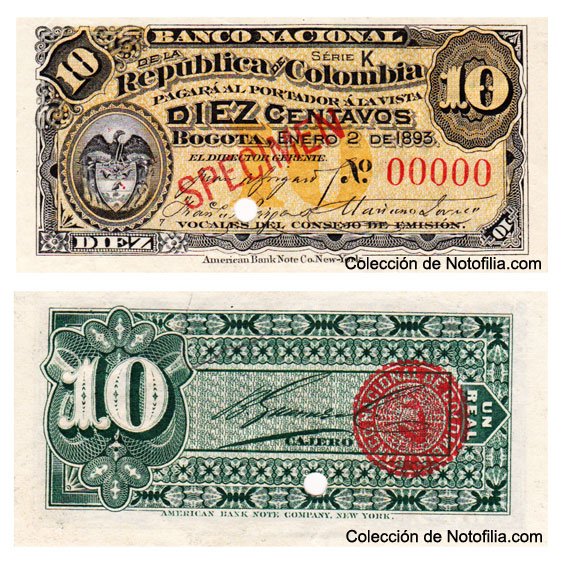 Billete specimen de Diez Centavos de El Banco Nacional de la República de Colombia, anverso arriba en tinta ocre con escudo de Colombia y sobretinta roja SPECIMEN, reverso abajo en tinta verde con gran cifra 10 y sello circular rojo de anulación