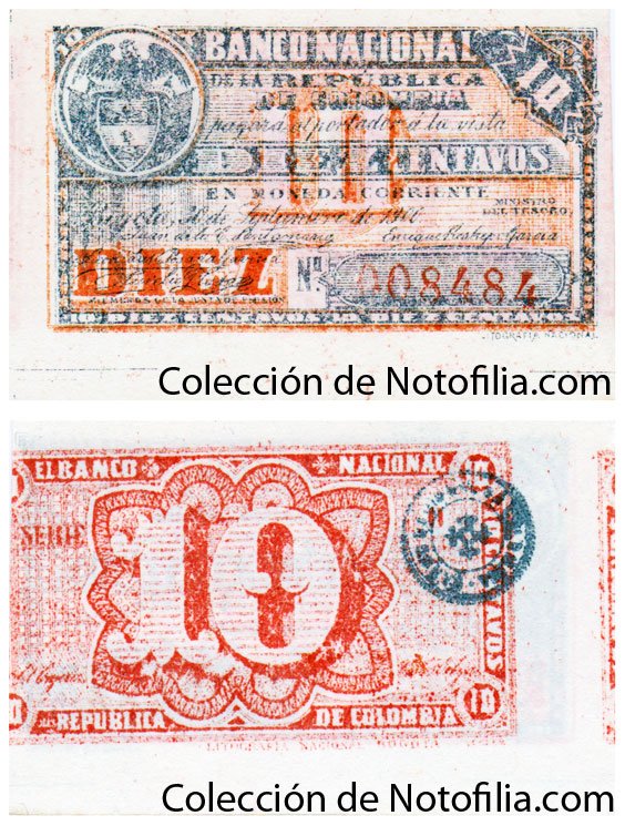 Billete de Diez Centavos de El Banco Nacional de la República de Colombia, Serie H, anverso arriba en tinta azul con escudo de Colombia, reverso abajo en tinta roja con rosetón y numeral 10 calado