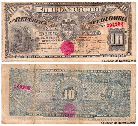 Billete de Diez Pesos de El Banco Nacional de la República de Colombia, anverso arriba con viñeta de campesinos labradores y escudo de Colombia, reverso abajo en tinta azul con orlas de encaje y numeral 10 calado