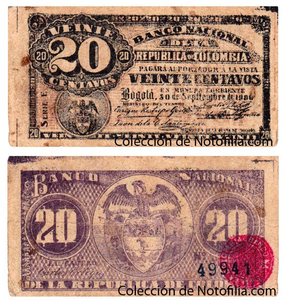 Billete de Veinte Centavos de El Banco Nacional de la República de Colombia, anverso arriba con medallón de la denominación, reverso abajo en tinta morada con el escudo de Colombia y sello rojo de control