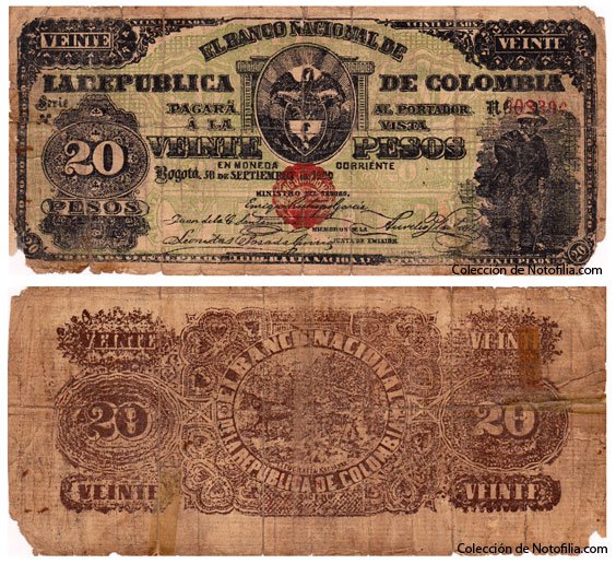 Billete de Veinte Pesos de El Banco Nacional de la República de Colombia, anverso arriba con viñeta de arriero y escudo de Colombia, reverso abajo en tinta marrón con medallón de ganado rural