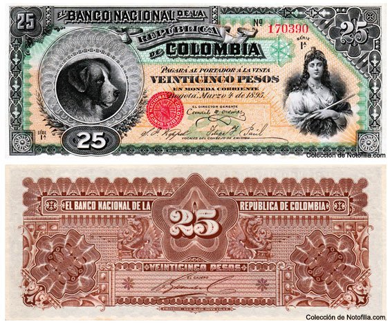 Billete de Veinticinco Pesos de El Banco Nacional de la República de Colombia, anverso y reverso