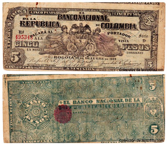 Billete de Cinco Pesos de El Banco Nacional de la República de Colombia, anverso arriba con escudo de armas custodiado por el cóndor y dos figuras femeninas alegóricas, reverso abajo en tinta verde con rosetón y sello circular morado