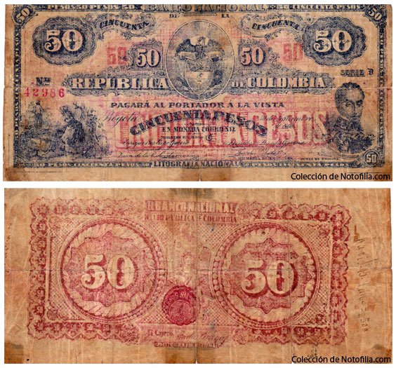 Billete de Cincuenta Pesos de El Banco Nacional de la República de Colombia, anverso arriba en tinta azul con retrato de Santander, reverso abajo en tinta roja con dos medallones y numeral 50