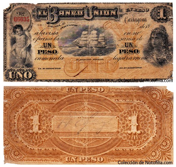Billete de Un Peso de El Banco Unión de Cartagena, anverso y reverso