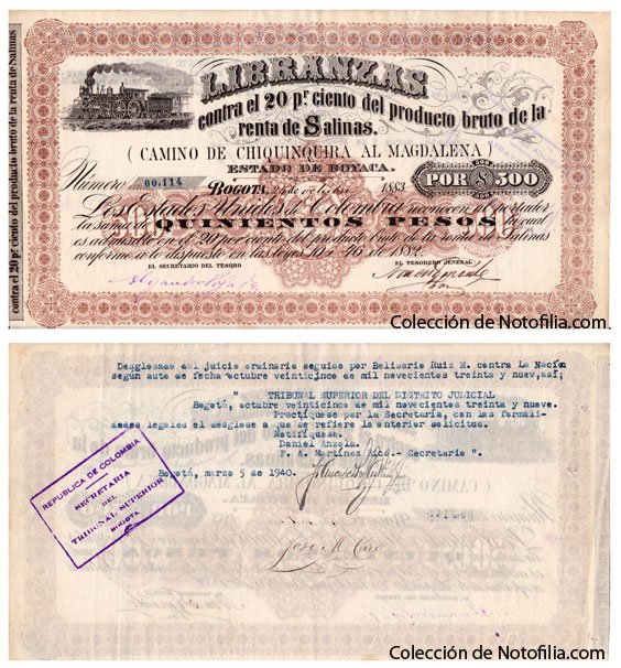 Libranza de 500 pesos del Estado de Boyacá, 1883, anverso y reverso