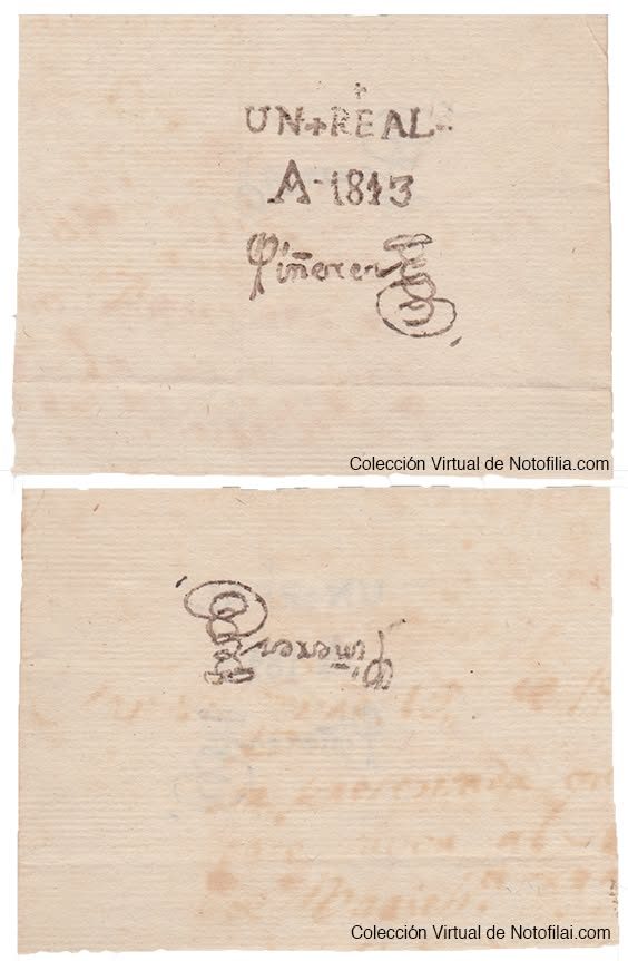 Billete de Un Real de 1813 emitido por el Estado de Cartagena, anverso y reverso, firmado por Piñeres