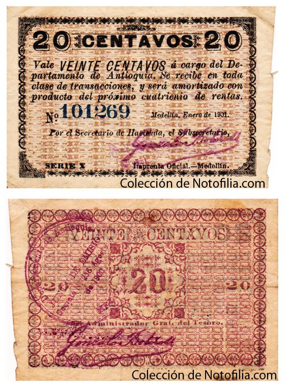 Vales de Veinte y Diez Centavos del Departamento de Antioquia, anverso y reverso