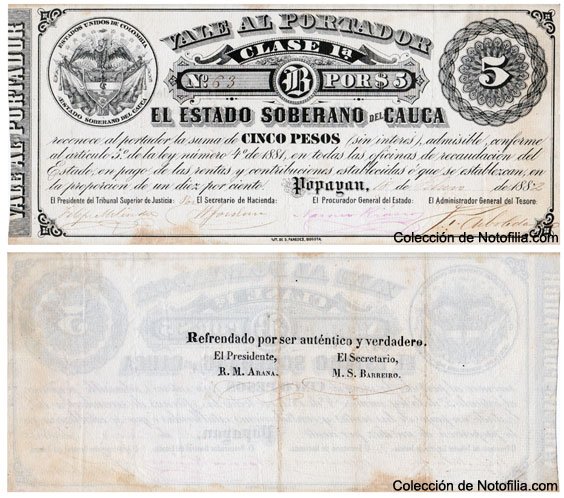 Vale al portador de Cinco Pesos de El Estado Soberano del Cauca, anverso y reverso