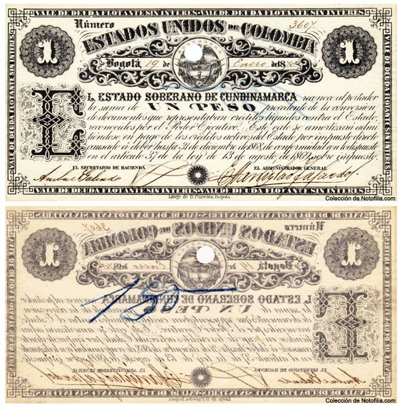 Vale de deuda flotante de Un Peso de El Estado Soberano de Cundinamarca, anverso y reverso