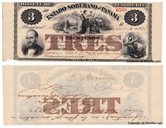 Billete de Tesorería de Tres Pesos del Estado Soberano de Panamá, anverso y reverso