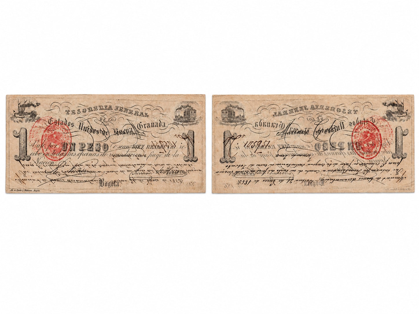Billete de Un Peso de 1861 de la Tesorería Jeneral de los Estados Unidos de Nueva Granada, anverso a la izquierda y reverso a la derecha
