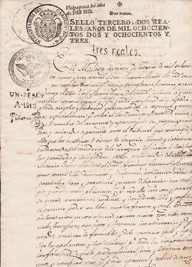 Papel sellado español, Sello Tercero de Dos Reales, revalidado para 1812 y 1813, con sobresello de Un Real e Independencia de 1813 y texto manuscrito fechado en Málaga en 1821