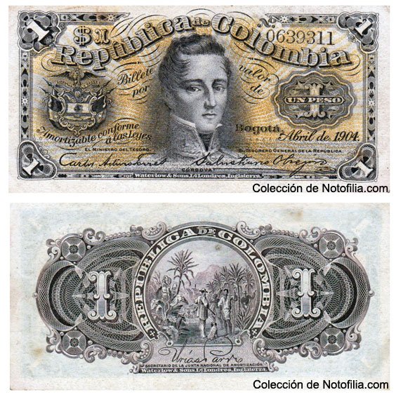Billete de Un Peso de la República de Colombia, Bogotá, abril de 1904, anverso y reverso