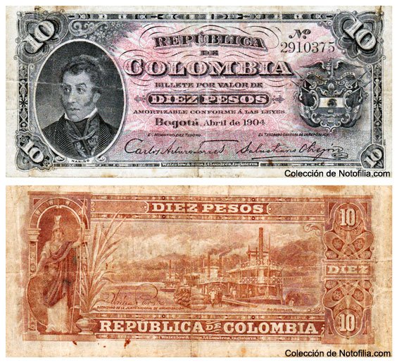 Billete de Diez Pesos de la República de Colombia, anverso con retrato y reverso ilustrado, Bogotá, abril de 1904
