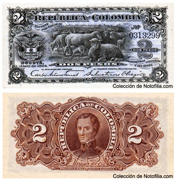 Billete de Dos Pesos de la República de Colombia, anverso con retrato y reverso ilustrado, Bogotá, abril de 1904