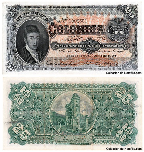 Billete de Veinticinco Pesos de la República de Colombia, anverso con retrato y reverso ilustrado, Bogotá, abril de 1904