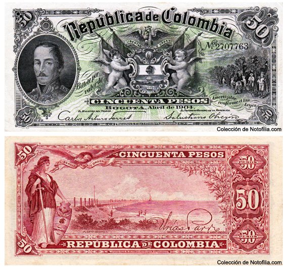 Billete de Cincuenta Pesos de la República de Colombia, anverso con retrato y reverso ilustrado, Bogotá, abril de 1904