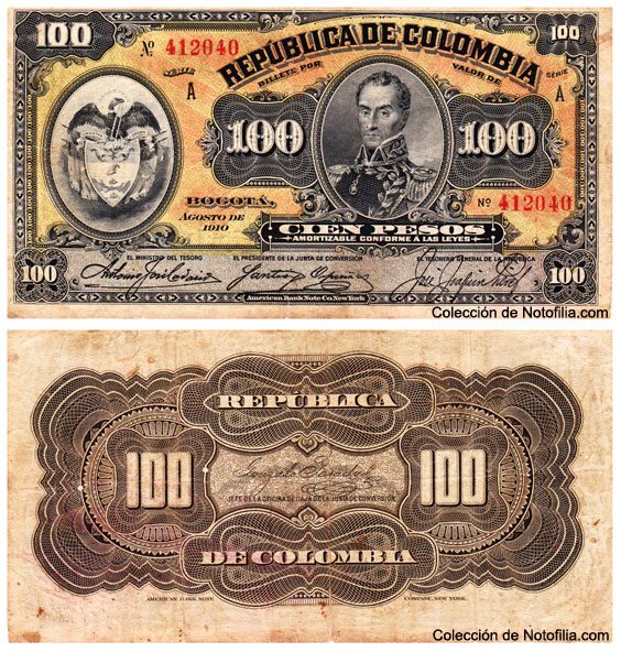 Billete de Cien Pesos de la República de Colombia, anverso con escudo nacional y retrato, reverso con motivo ornamental, Bogotá, agosto de 1910