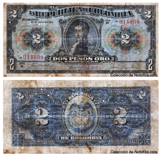 Billete de Dos Pesos Oro de la República de Colombia, Bogotá, 20 de julio de 1915, anverso y reverso
