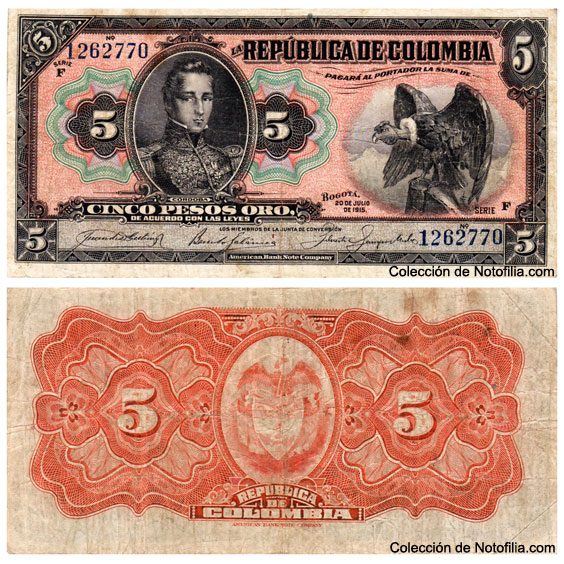 Billete de Cinco Pesos Oro de la República de Colombia, anverso con retrato y águila, reverso con escudo nacional, Bogotá, 20 de julio de 1915