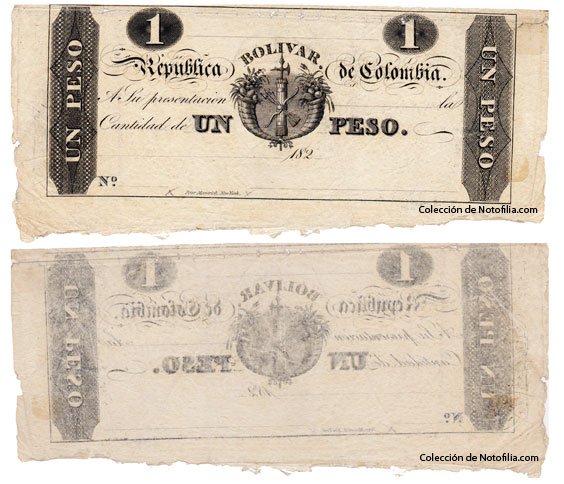 Billete de Un Peso de la República Bolívar de Colombia, anverso y reverso
