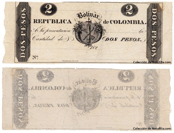 Billete de Dos Pesos de la República Bolívar de Colombia, anverso y reverso