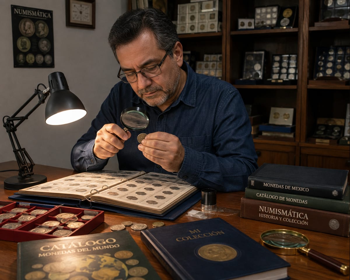 Coleccionista examina una moneda con lupa junto a catálogos y álbumes de numismática mexicana