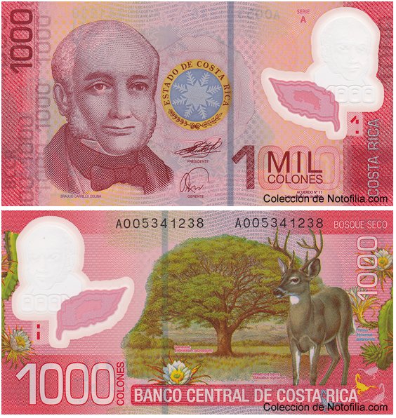 Billetes sintéticos de Costa Rica: 20 Colones en Tyvek (1983) y 1.000 Colones en polímero (2011)