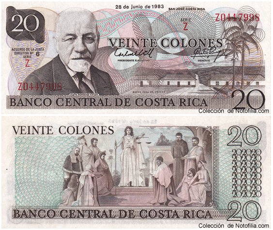 Billete experimental de Tyvek de 20 Colones del Banco Central de Costa Rica, anverso arriba con retrato de Cleto González Víquez, reverso abajo con la alegoría de la Justicia