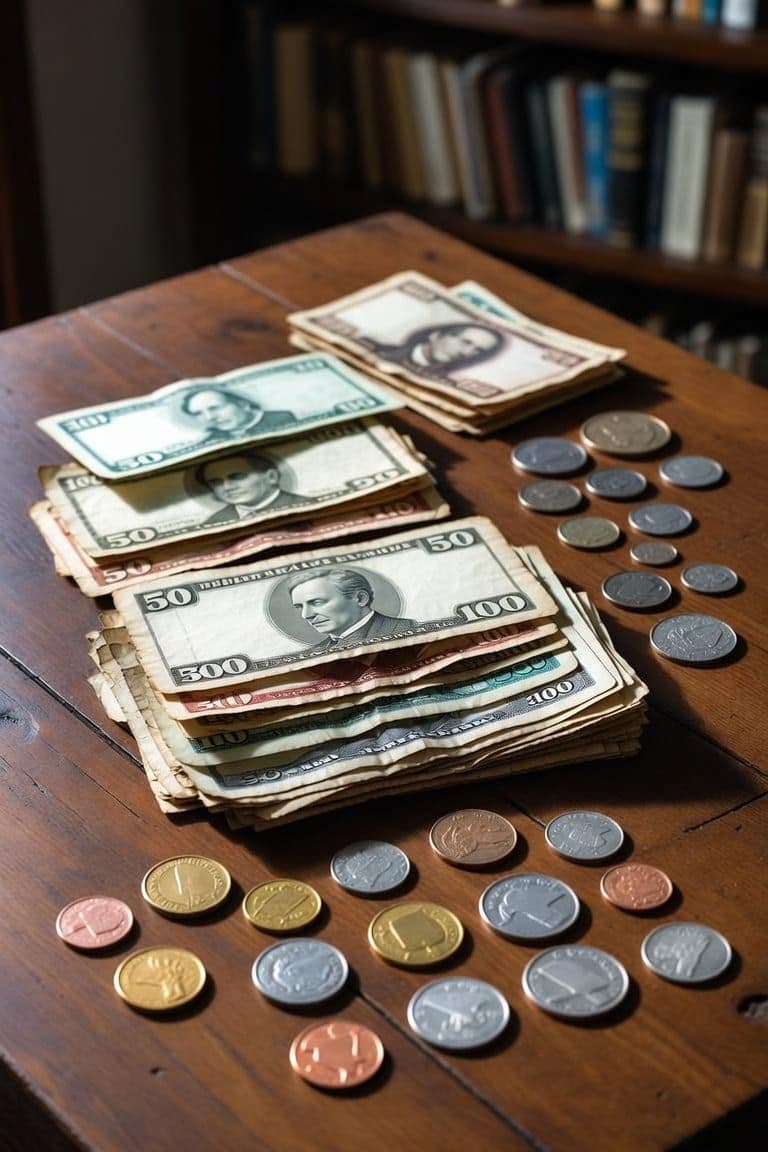 Billetes antiguos apilados junto a monedas de colección dispuestas sobre una mesa de madera