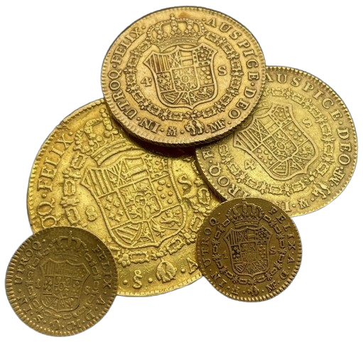 Doblones de oro coloniales españoles, moneda macuquina de 8 y 4 escudos