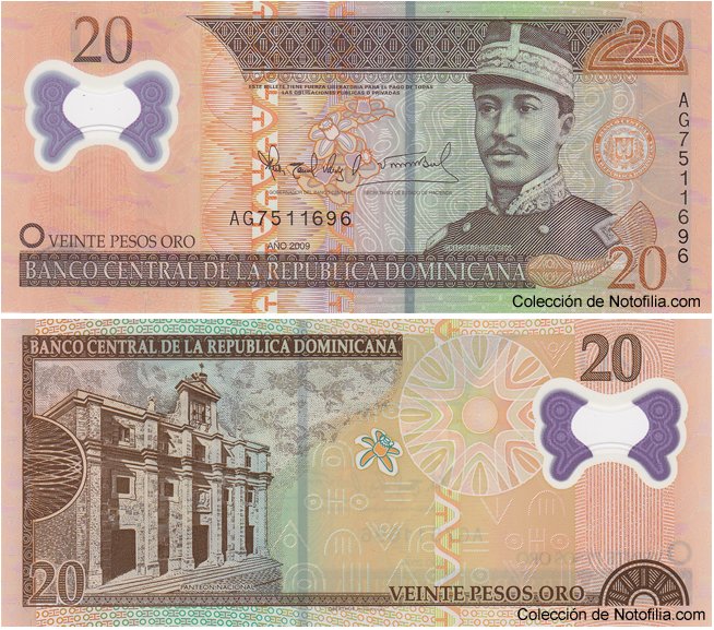 Billete de 20 Pesos Oro de polímero del Banco Central de la República Dominicana, con el retrato de Gregorio Luperón, año 2009