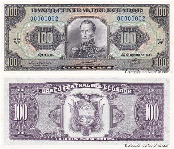Billete de Cien Sucres del Banco Central del Ecuador, serie WF, 1993, anverso con retrato de Simón Bolívar y reverso con el escudo nacional