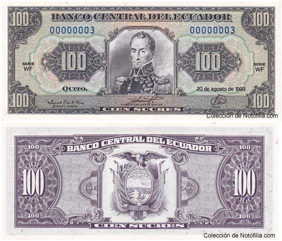 Billete de 100 sucres de Ecuador de 1993 con el número de serie especialmente bajo 00000003