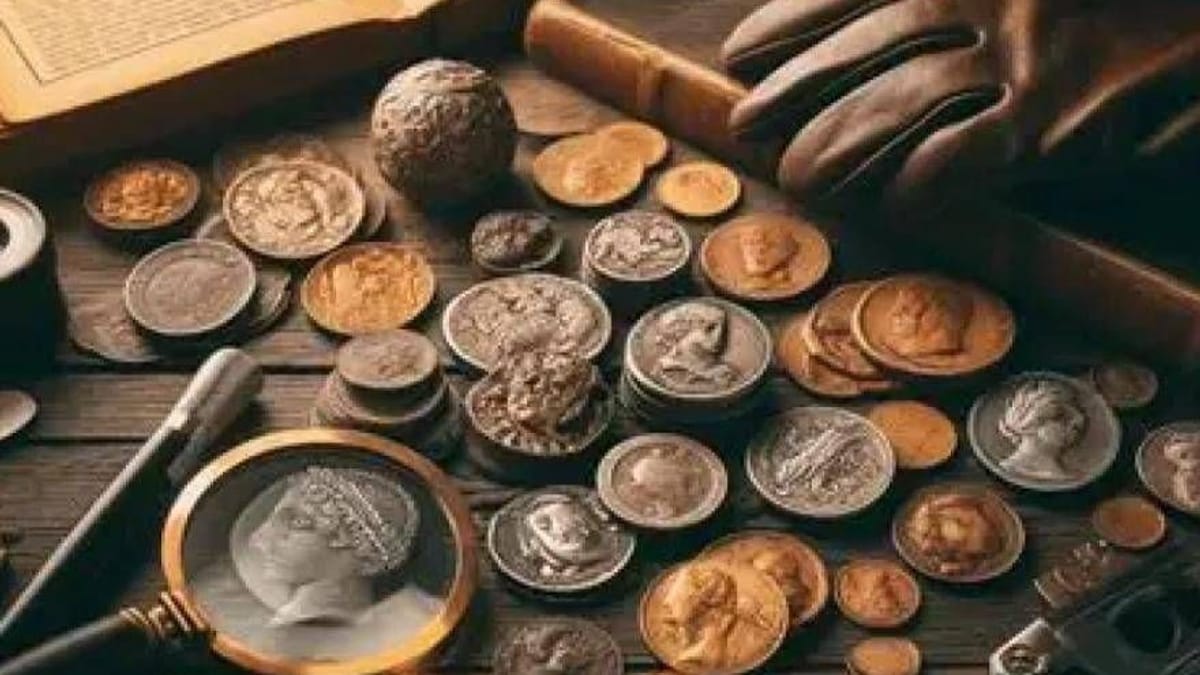 Monedas antiguas de plata y bronce sobre una mesa de madera, con lupa, guante de coleccionista y un libro abierto
