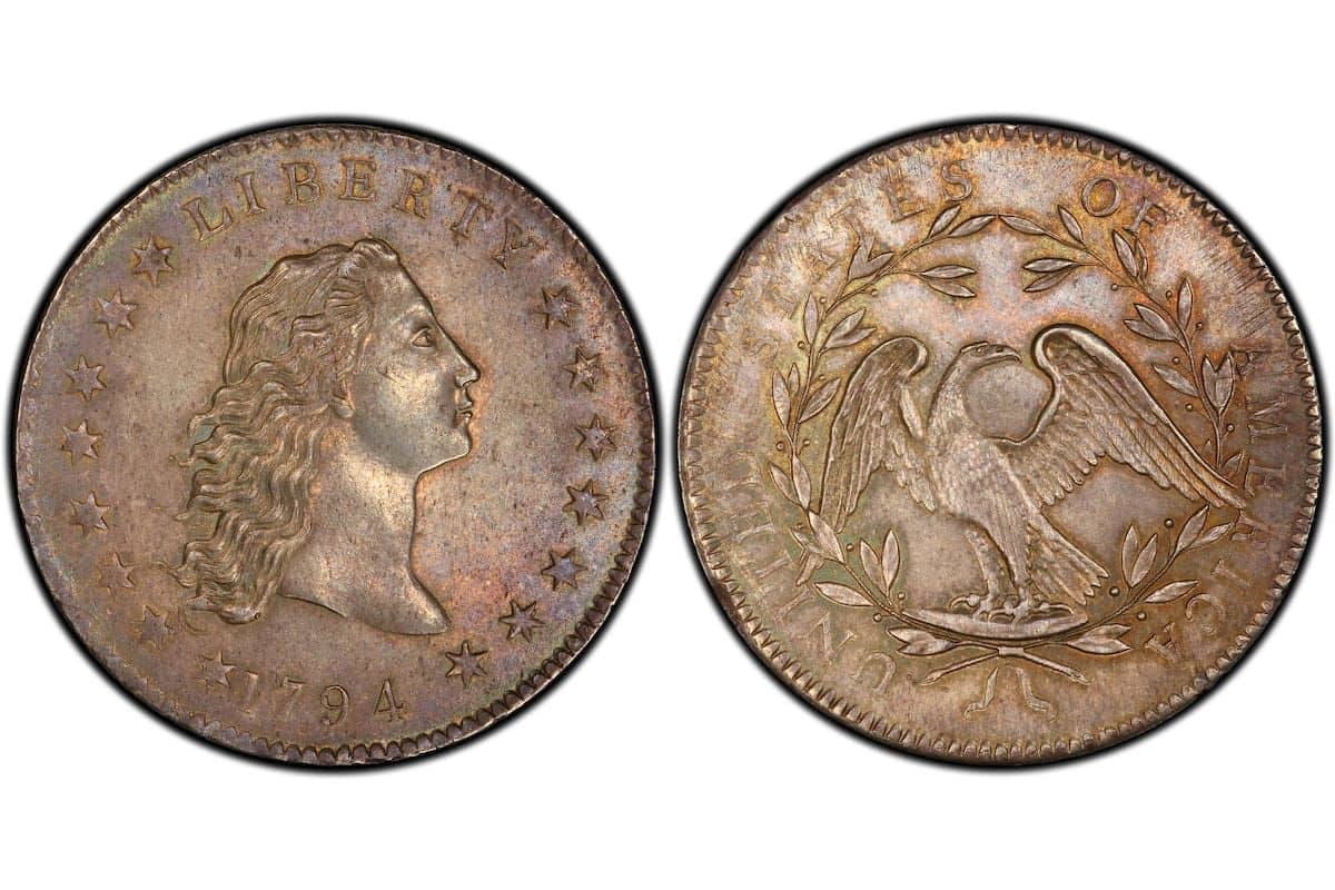 Dólar de plata Flowing Hair de 1794 con la Libertad de cabello suelto y águila en el reverso