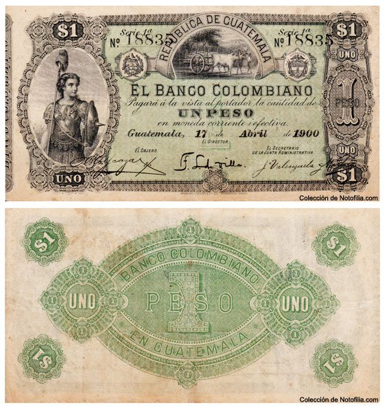 Billete de Un Peso de El Banco Colombiano, Guatemala, anverso y reverso