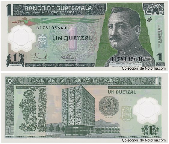 Billetes de polímero del Banco de Guatemala: 1 Quetzal (2007) y 5 Quetzales (2011)