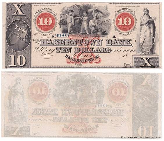Billete obsoleto de diez dólares de The Hagerstown Bank, Maryland, anverso y reverso