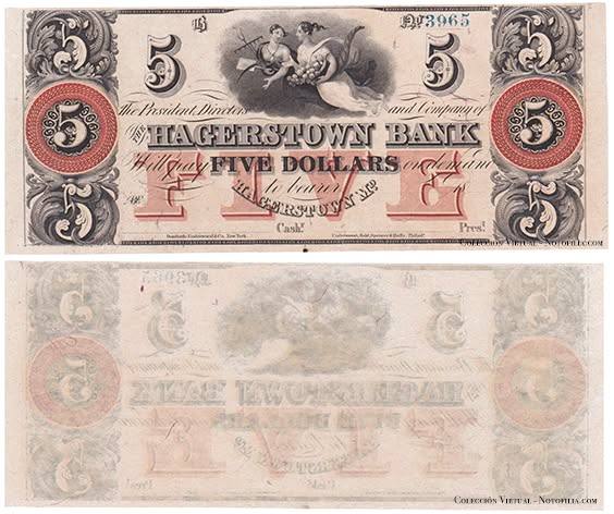 Billete obsoleto de cinco dólares de The Hagerstown Bank, Maryland, anverso y reverso