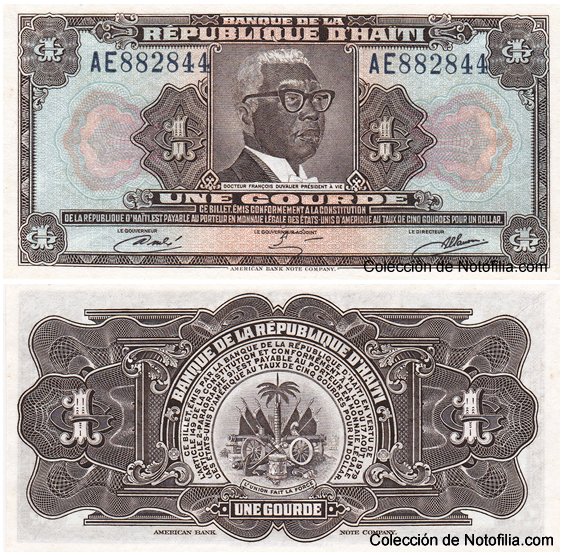 Billete experimental de Tyvek de 1 Gourde de Haití, anverso arriba con retrato de François Duvalier, reverso abajo con el escudo de armas de Haití