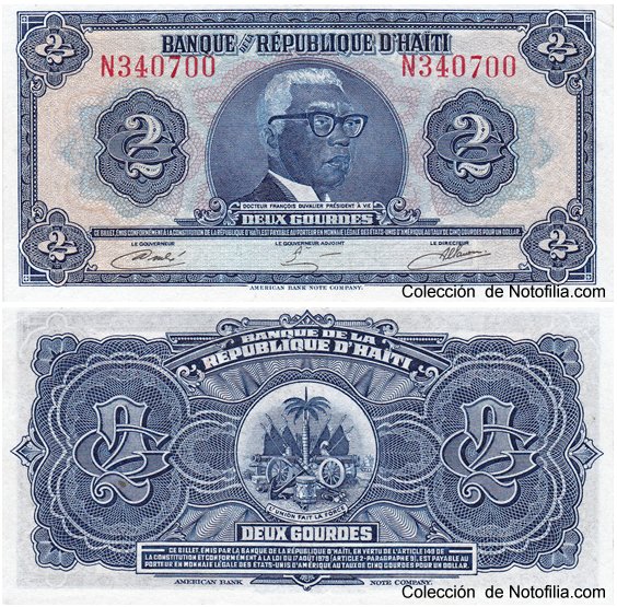 Billete experimental de Tyvek de 2 Gourdes de Haití, anverso arriba con retrato de François Duvalier, reverso abajo con el escudo de armas de Haití