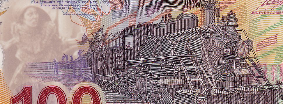 Primer plano de un billete de 100 pesos mexicanos, con la viñeta de un tren de vapor, estilo numismática y notafilia