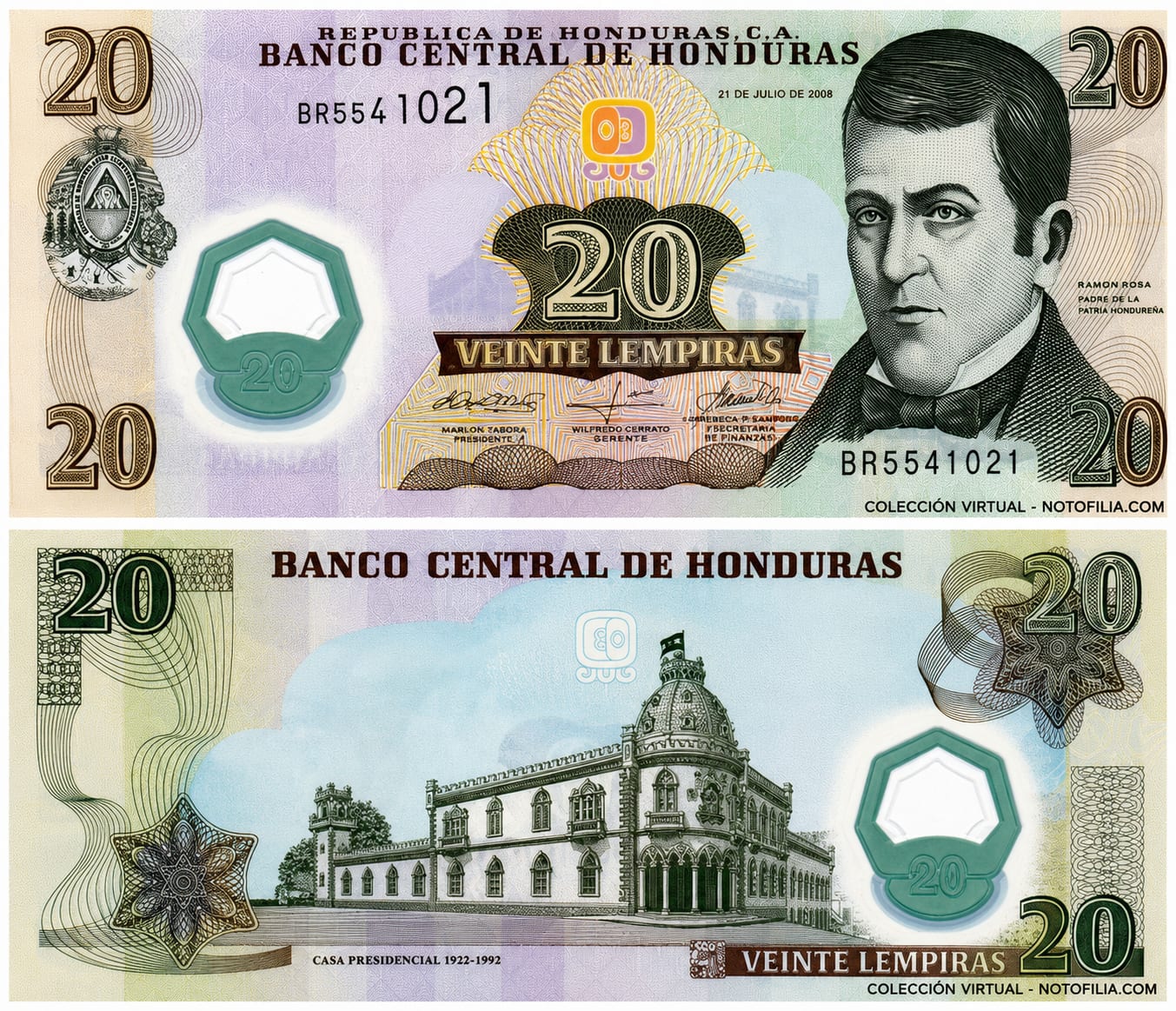 Billete de 20 lempiras de polímero del Banco Central de Honduras, con el retrato de Ramón Rosa, año 2008
