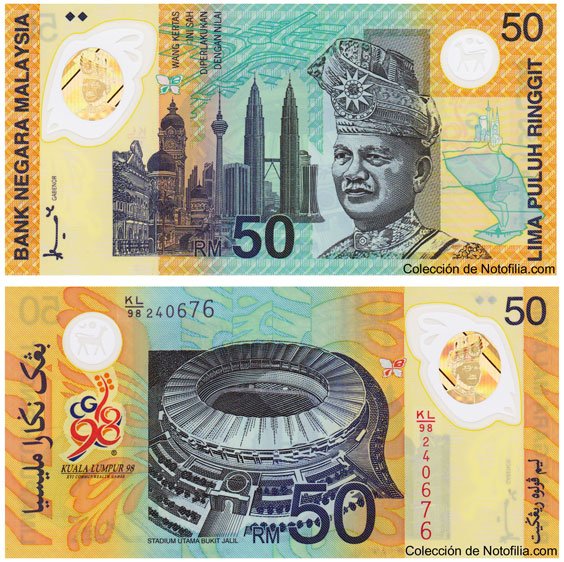 Billetes de polímero de Bank Negara Malaysia: 5 Ringgit (2004) y 50 Ringgit conmemorativo (1998)