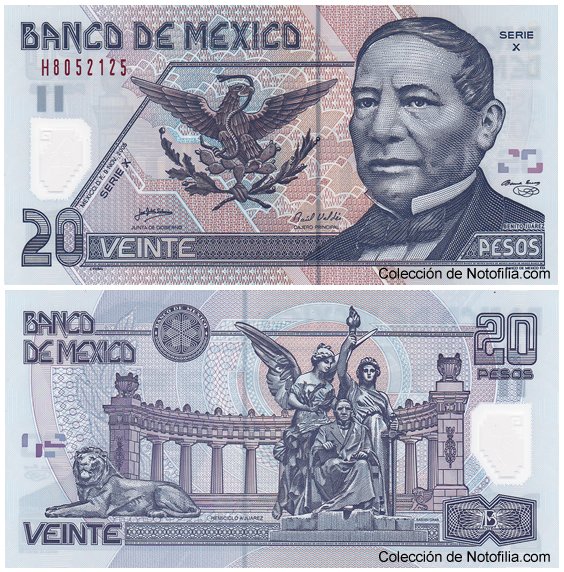 Billete de 20 pesos de papel del Banco de México, serie X, anverso arriba con retrato de Benito Juárez, reverso abajo con el Hemiciclo a Juárez