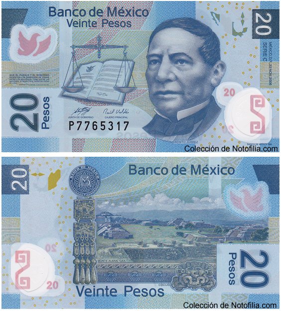 Billete de 20 pesos de polímero del Banco de México, serie C, anverso arriba con retrato de Benito Juárez, reverso abajo con Monte Albán
