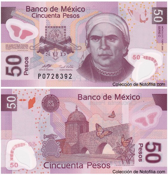 Billete de 50 pesos de polímero del Banco de México, anverso arriba con retrato de José María Morelos, reverso abajo con el Acueducto de Morelia y mariposas monarca