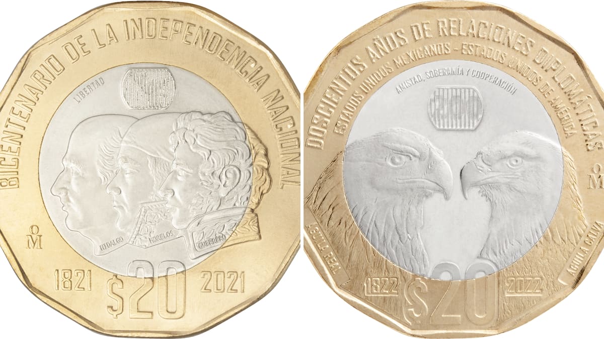 Monedas dodecagonales de 20 pesos: Bicentenario de la Independencia (izquierda) y relaciones México–EE.UU. (derecha)